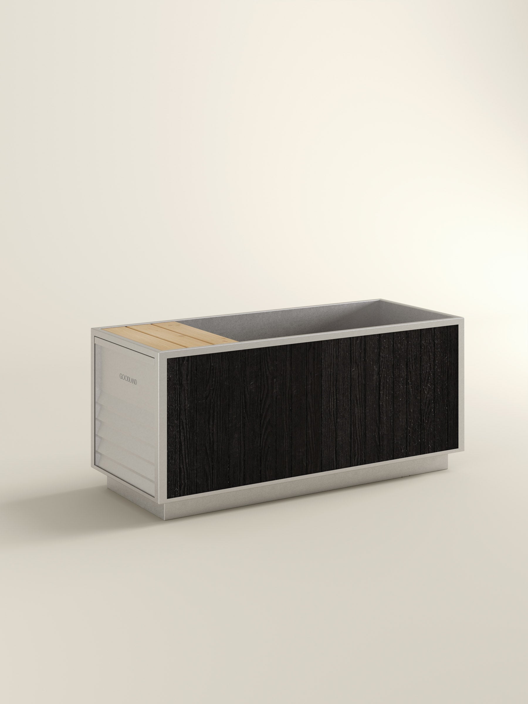 cold plunge tub - black wood and stainless steel