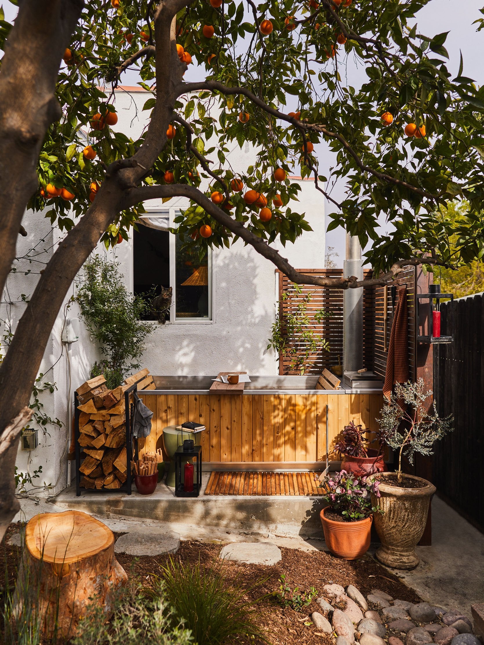 outdoor soaking tub featured in Emily Henderson design blog