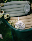 High quality premium garden hoses in tan and green colors