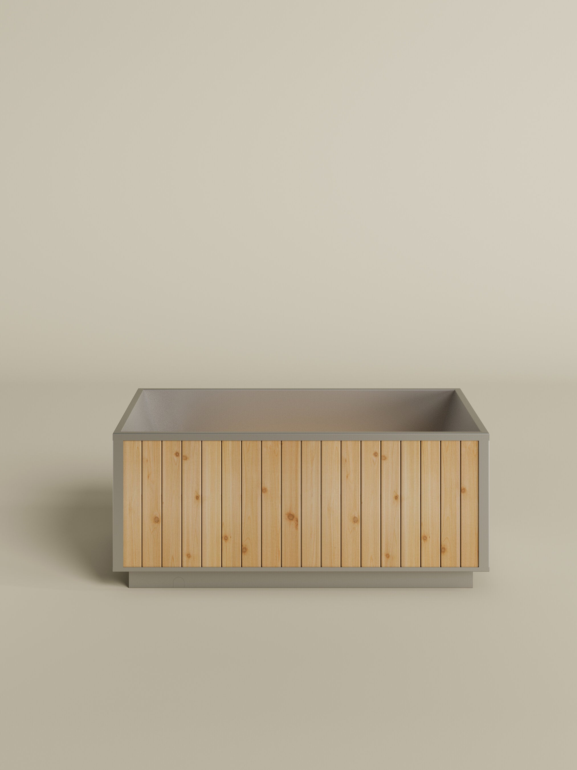 freestanding soaking tub made of stainless steel and red cedar