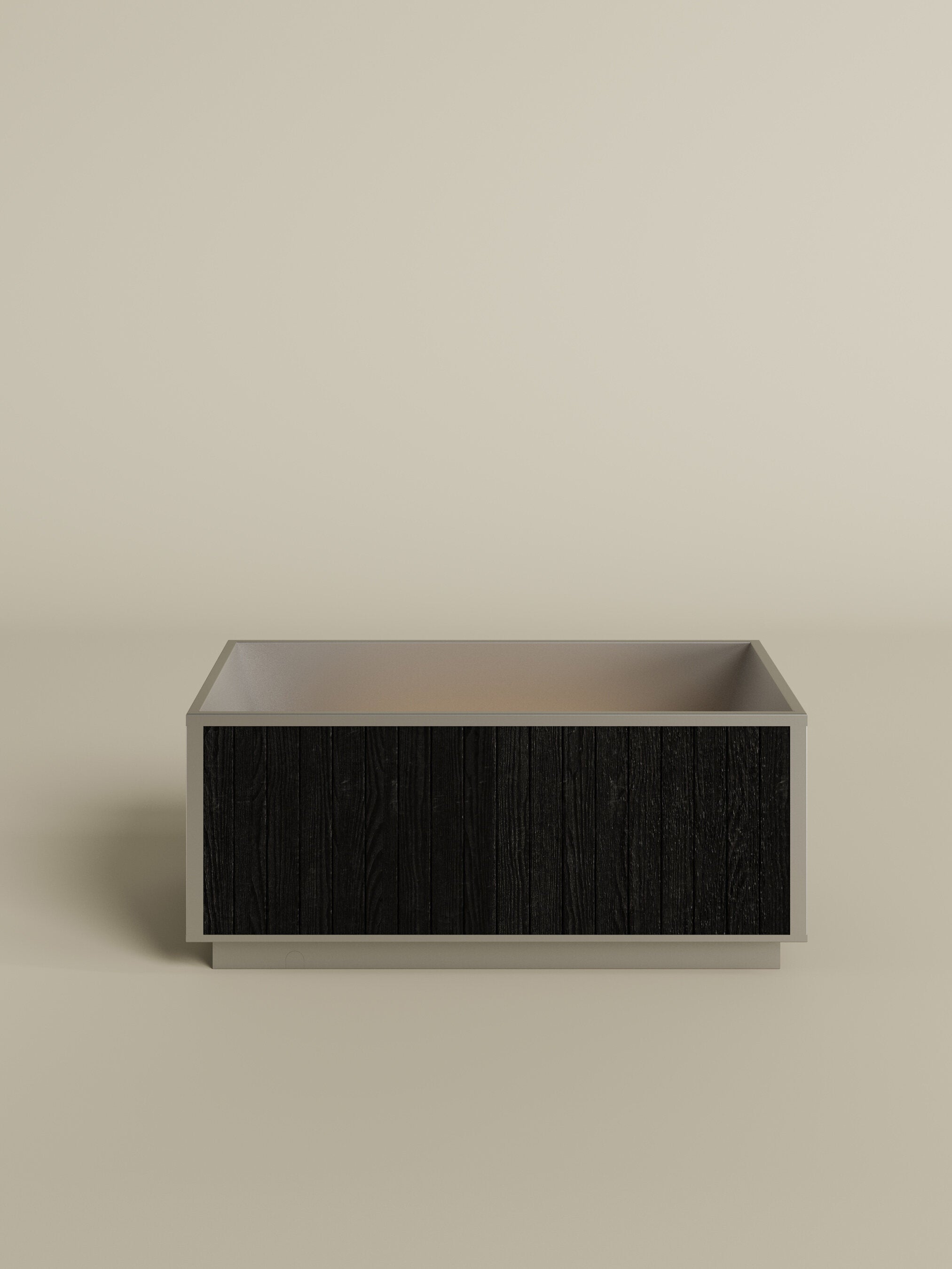 free standing tub made from stainless steel and black wood exterior