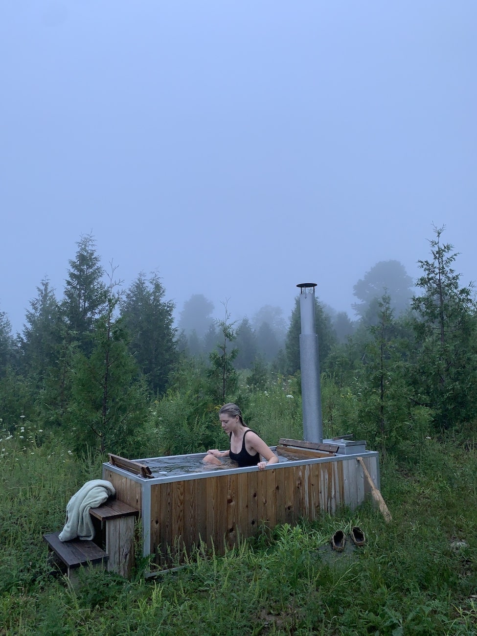 cold plunge in wood fired hot tub - Syd Hoffman on Instagram