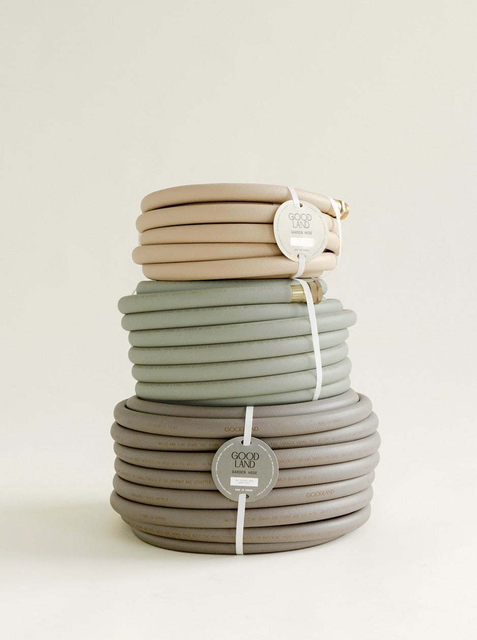 luxury garden hose in warm grey, green and tan