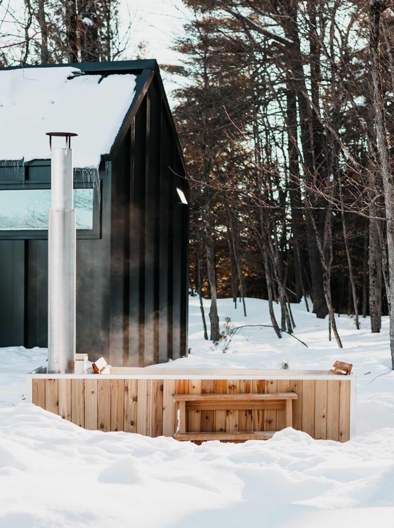 wood burning hot tub in winter