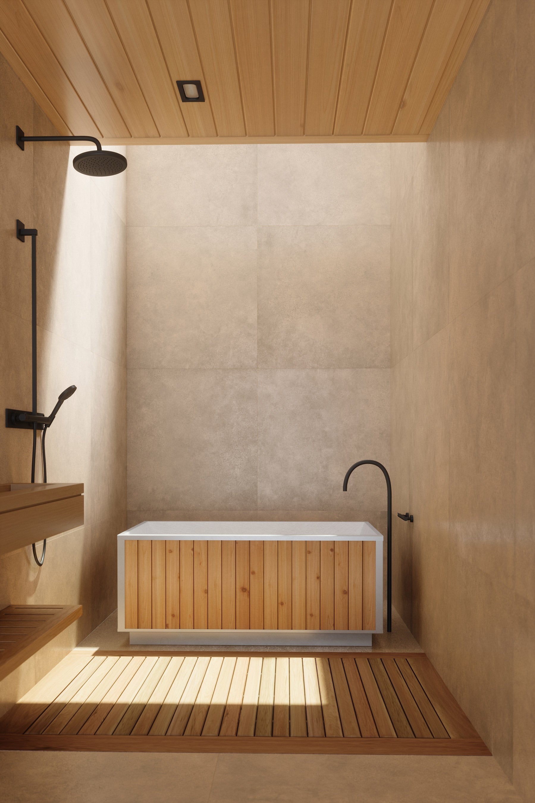 freestanding tub in a modern integrated bathing zone or wet room