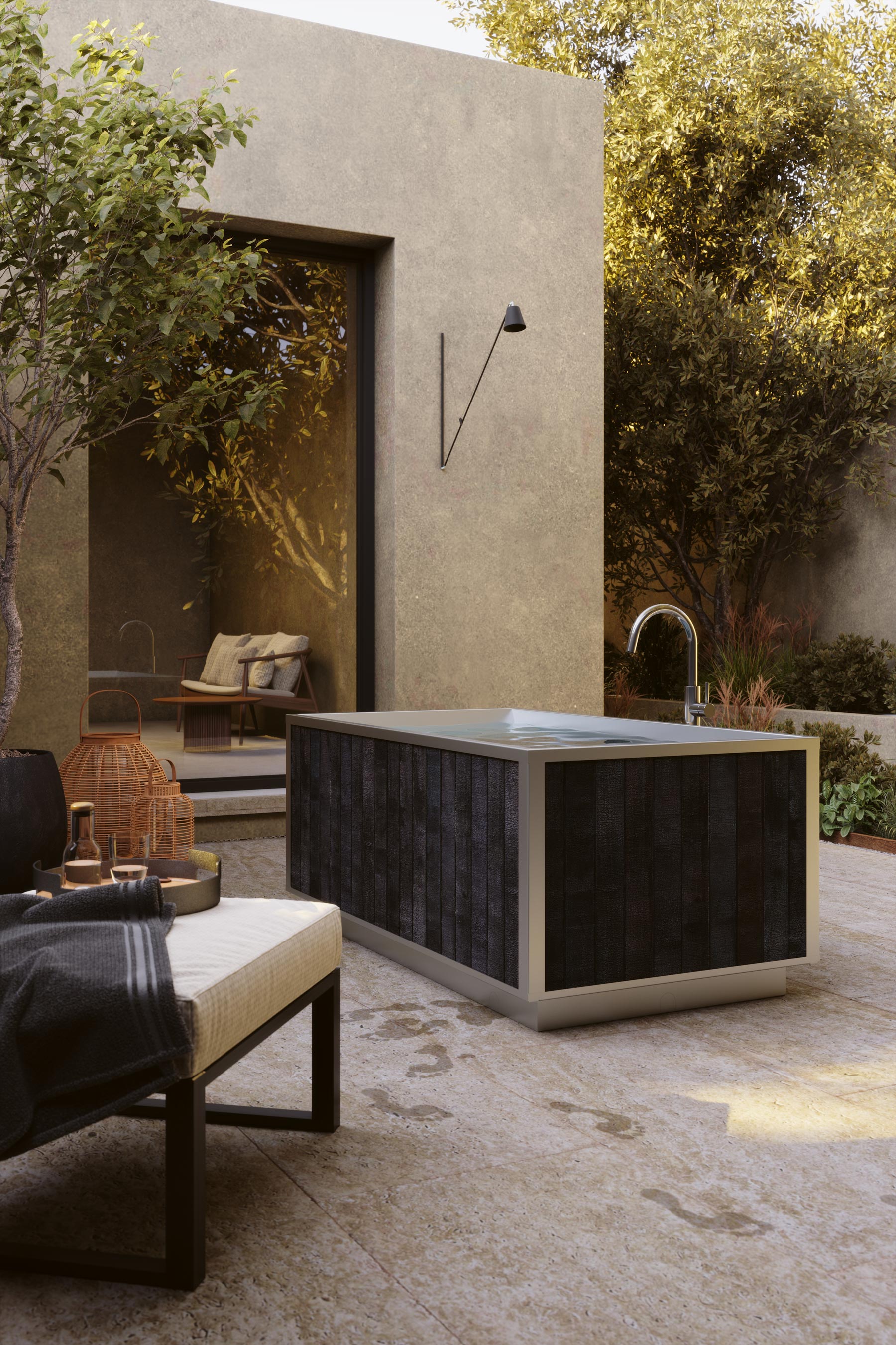 outdoor black cedar soaking tub on patio