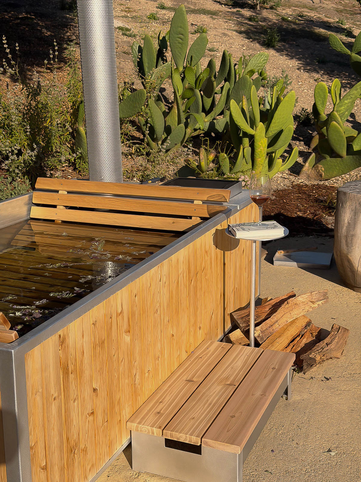 outdoor wood fired tub platform step with table