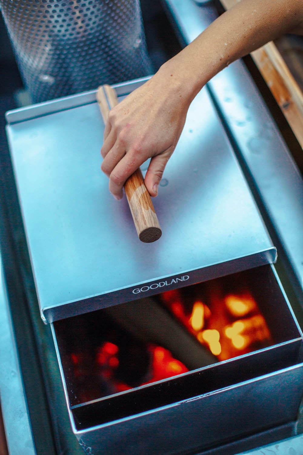 wood stove on a wood burning hot tub