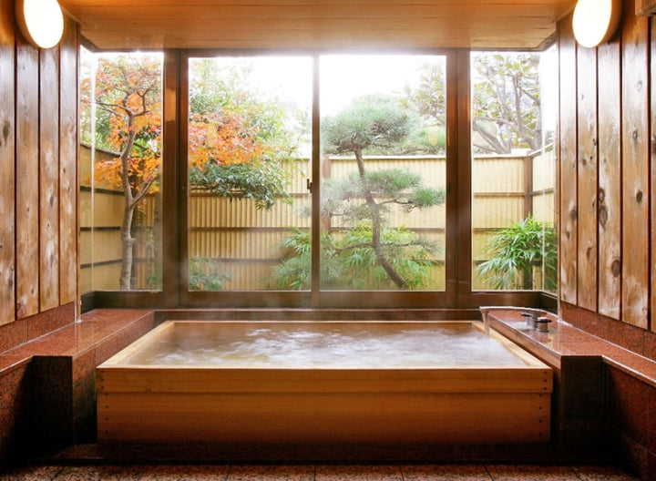 Japanese soaking tub with view of garden