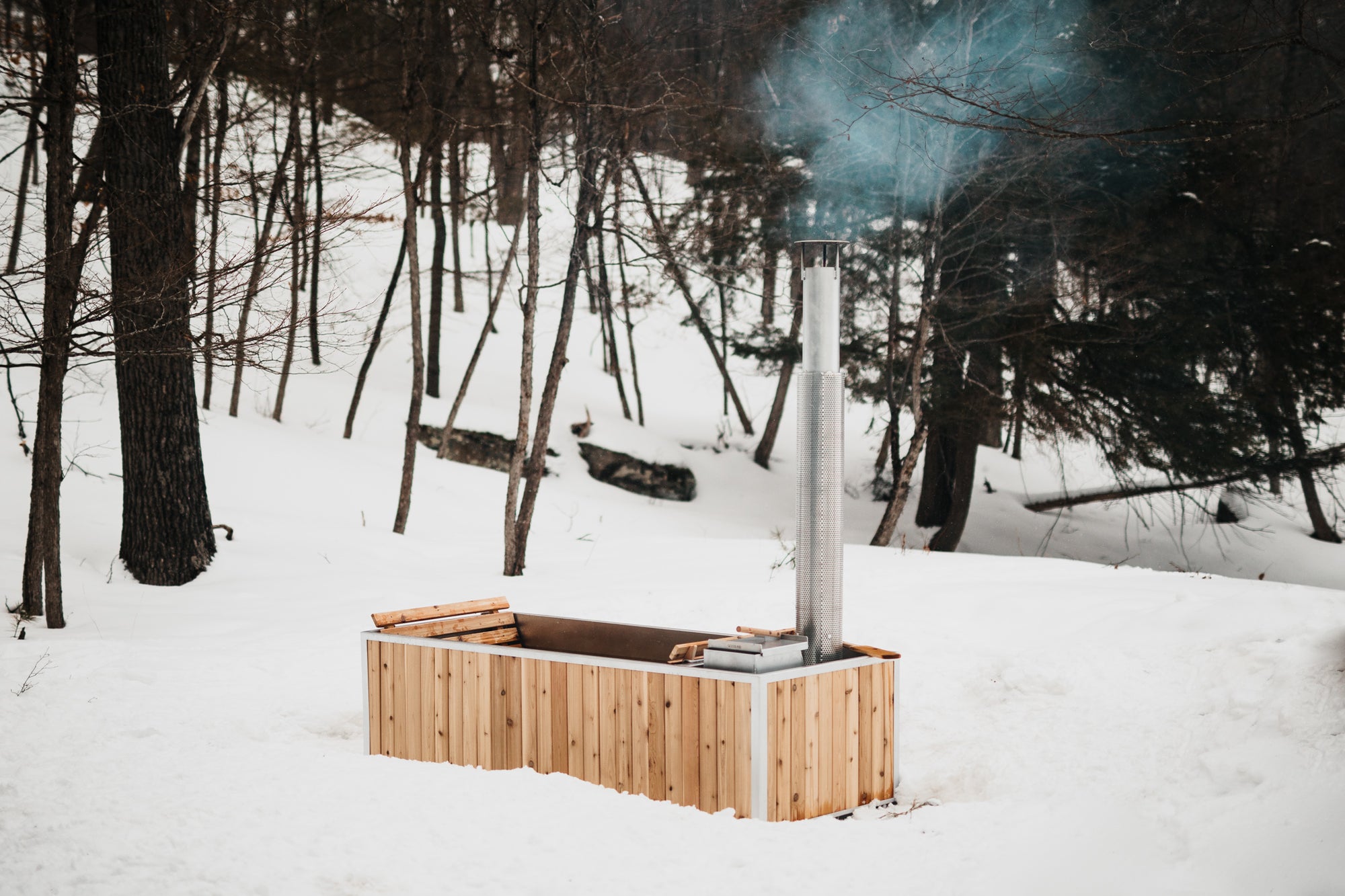 wood stove hot tub in winter