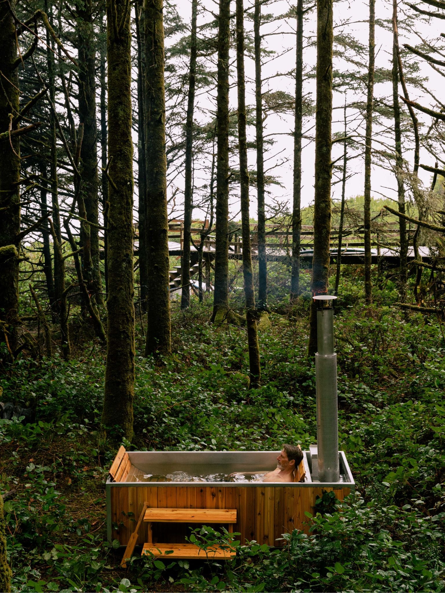 wood burning hot tub in forest