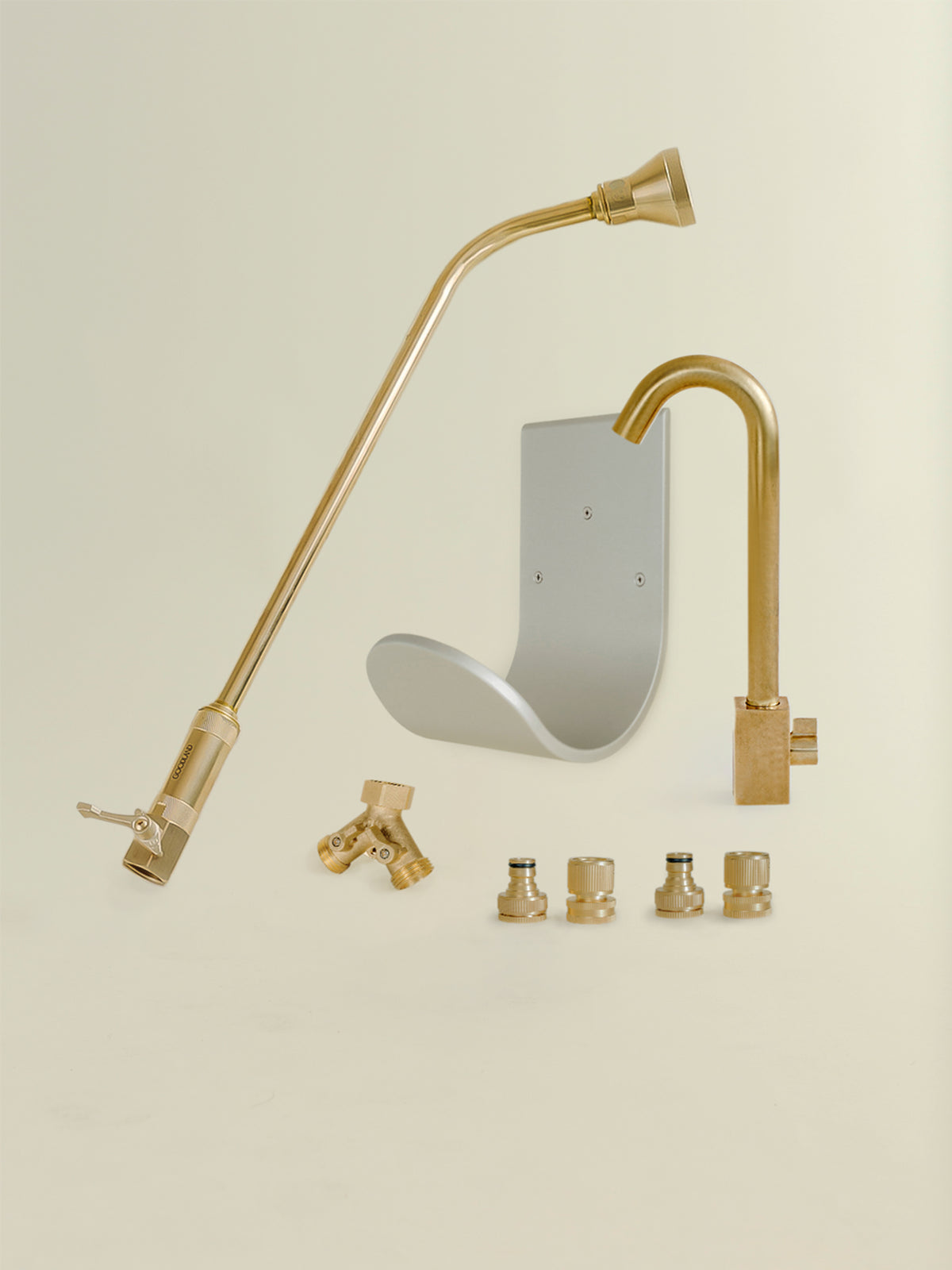 complete garden hose accessories kit with brass wall mounted hose hanger #option_natural-aluminum