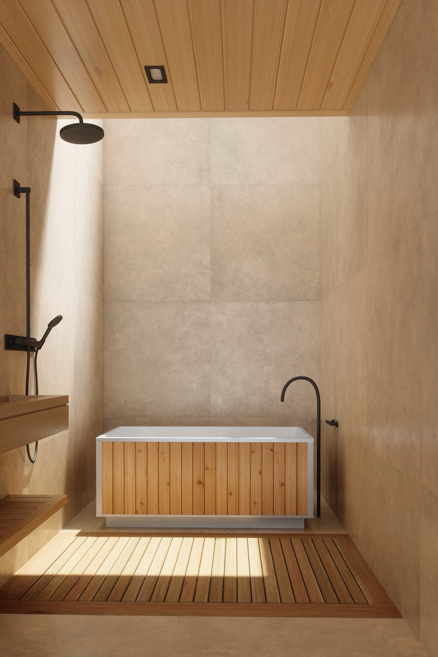 freestanding tub in a modern integrated bathing zone or wet room