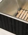 rectangular soaking tub with cedar base