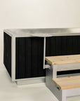 black wood outdoor soaking tub with cedar steps 