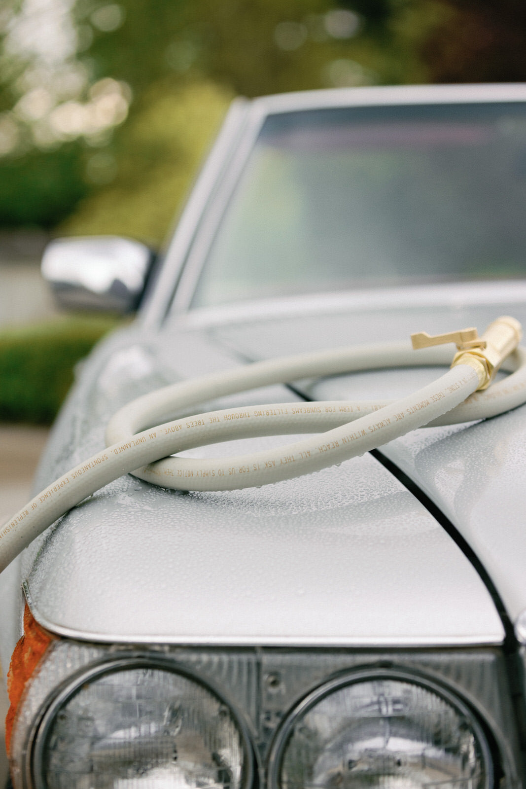 Matte green water hose on car