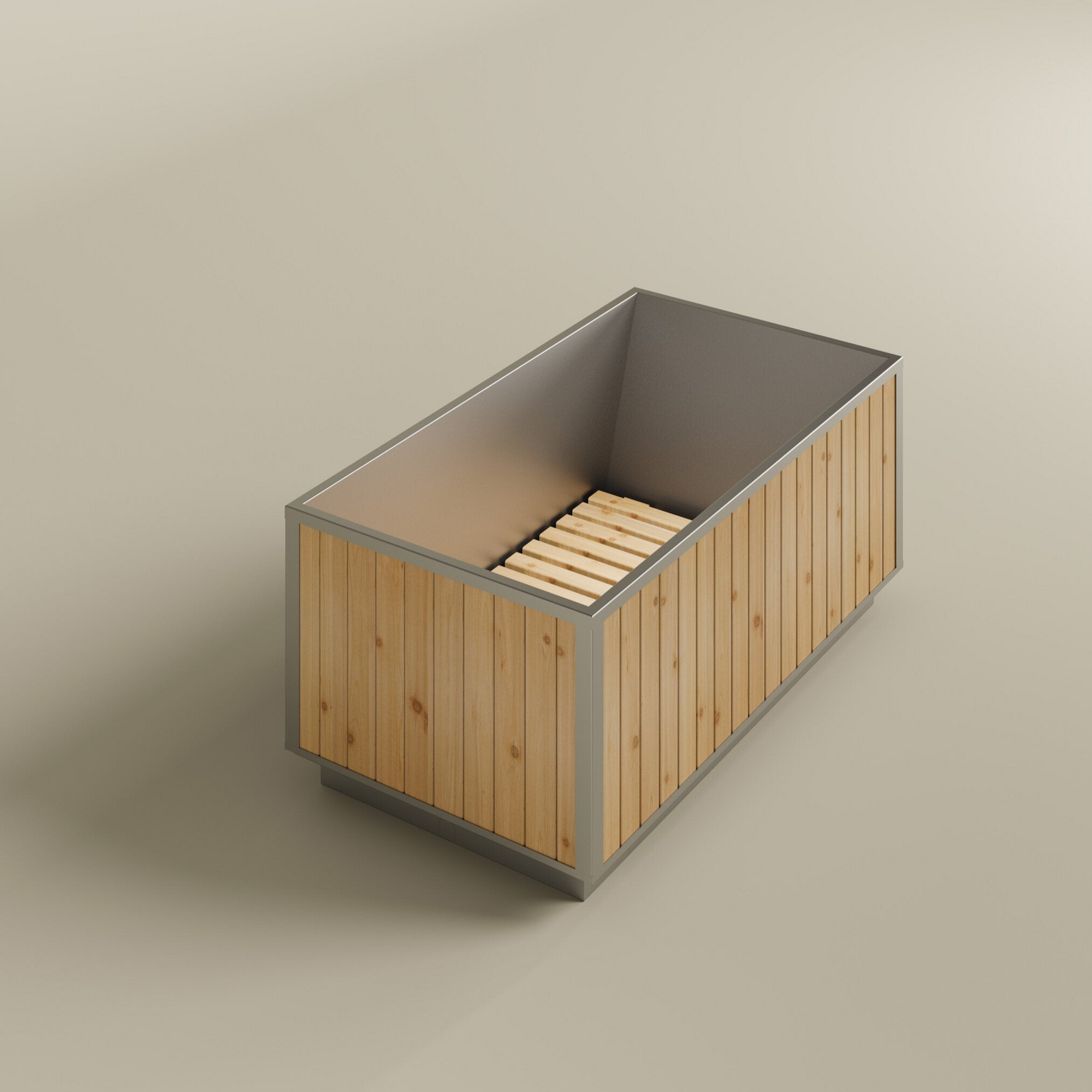free standing soaking tub in natural cedar finish