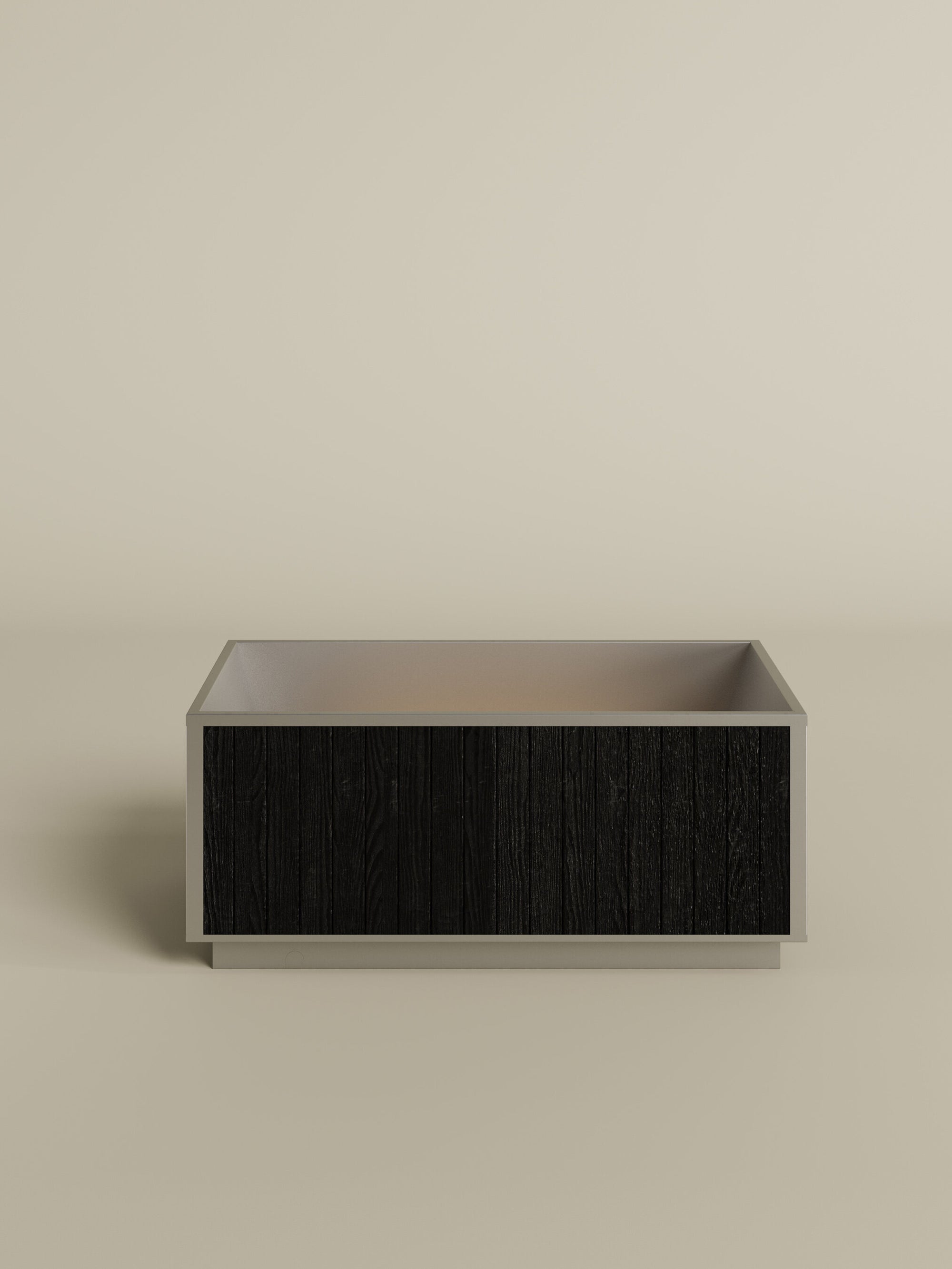 free standing tub made from stainless steel and black wood exterior #color_soot_black