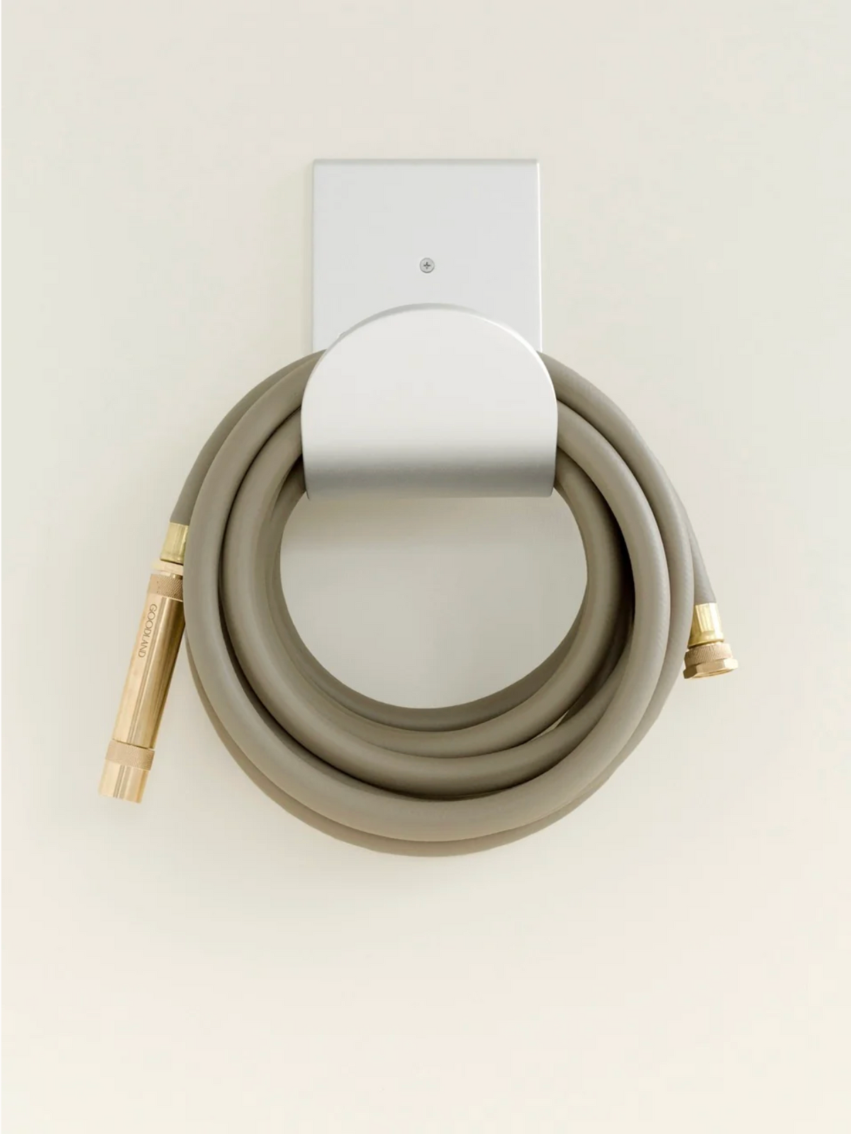 25 ft grey garden hose on aluminum wall mounted hose hanger