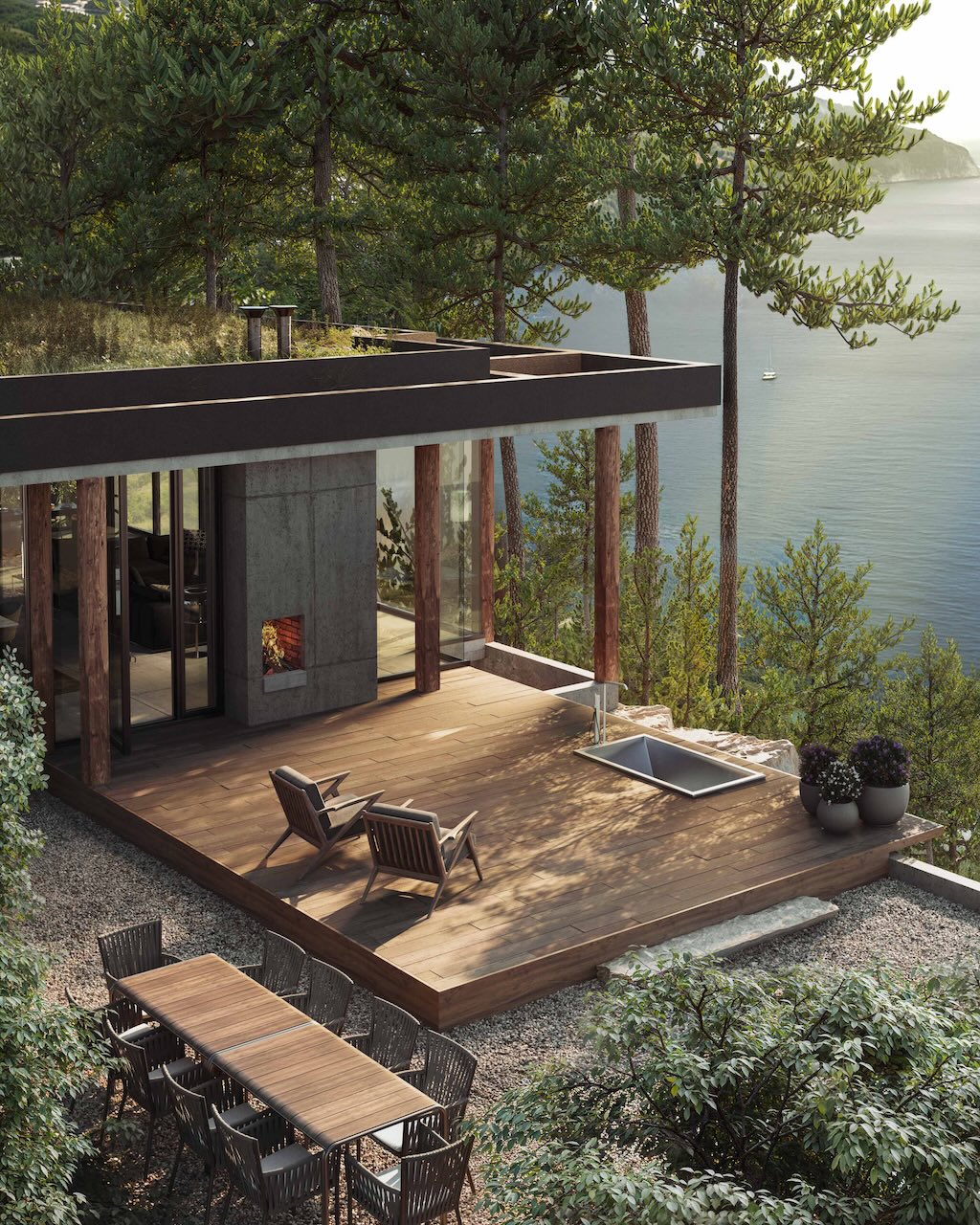 soaking tub built in wood deck of modern home set in nature