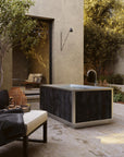 outdoor black cedar outdoor soaking tub on patio 