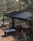 black stainless steel soaking tub beside modern home on patio 