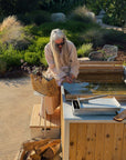 metal side table and platform step for wood fired hot tub 