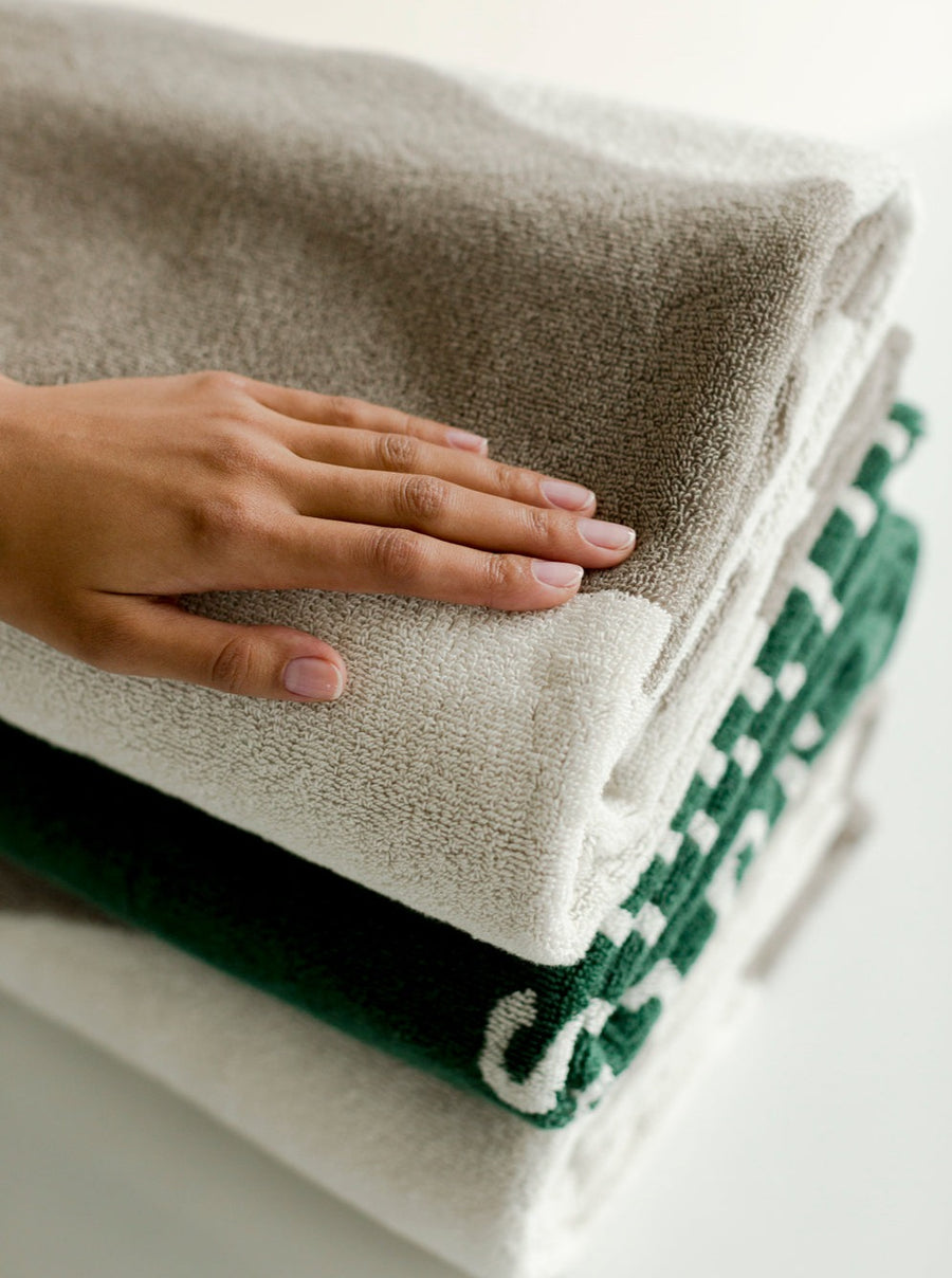 patterned bath towels in stack